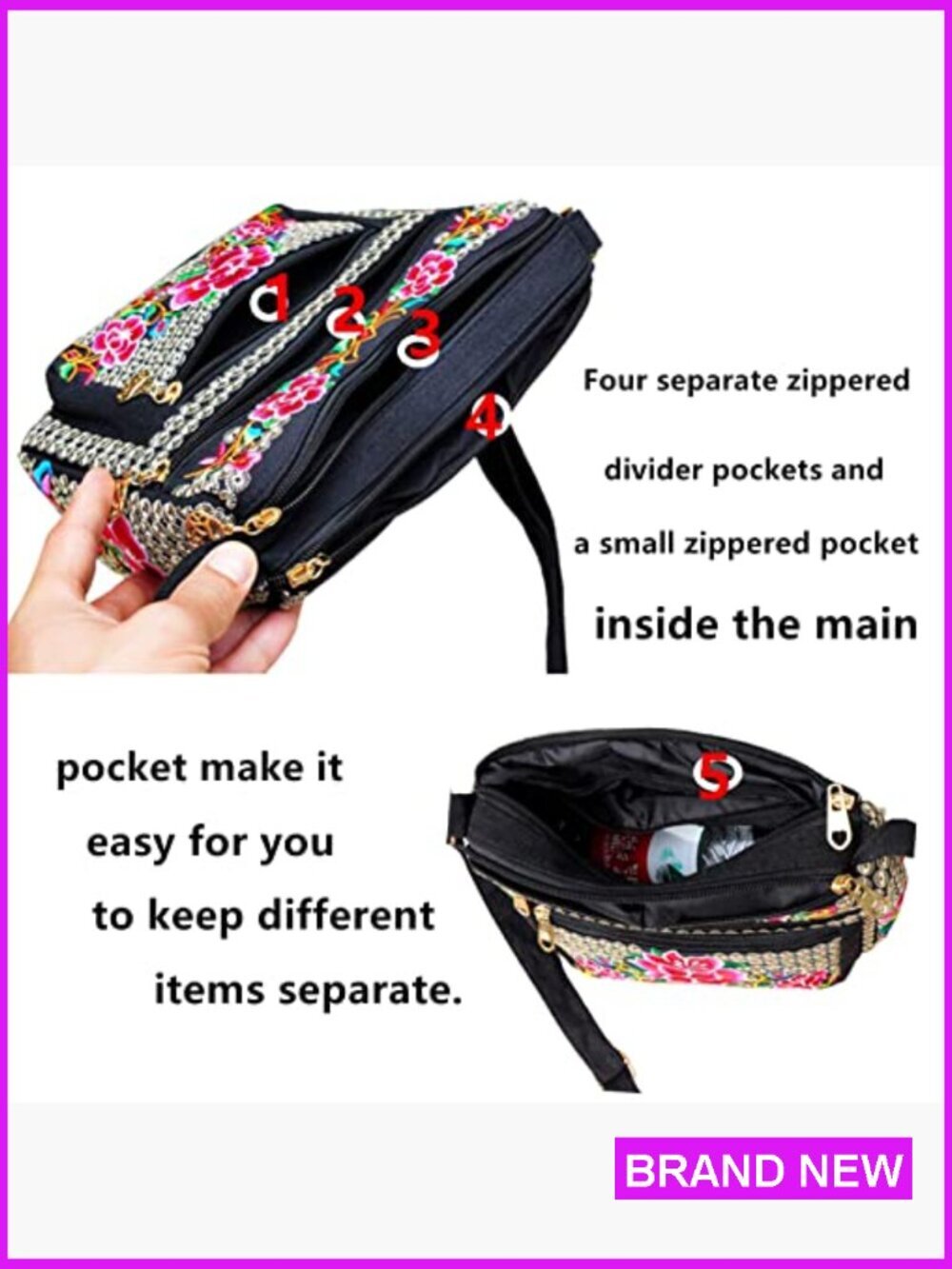 Vintage Embroidered Hobo Crossbody Bag Boho Hippie Tote Handbag Shoulder Purse - Picture 5 of 7